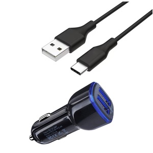 Dual Port USB Car Charger with 1.5m USB-C Charge Cable