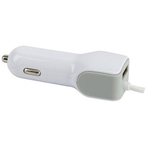 Car Charger with USB A Socket & Curly Cord Lightning Cable - White