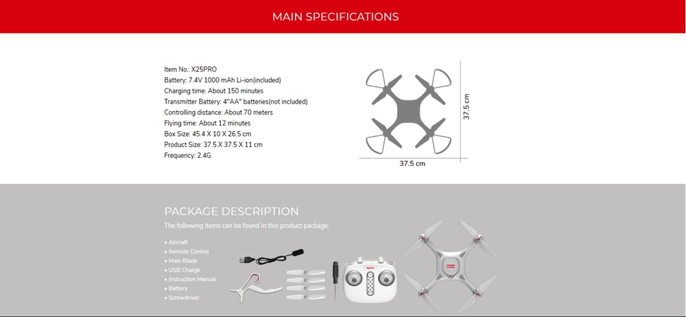 Syma X25 specifications and Package contents