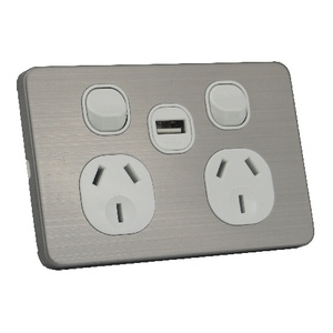 Silver Double Power Point  Wall Socket with 2A USB Charger