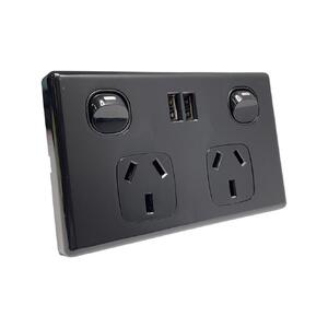 Dual USB Australian GPO Power Point Wall Plate - Gloss Black