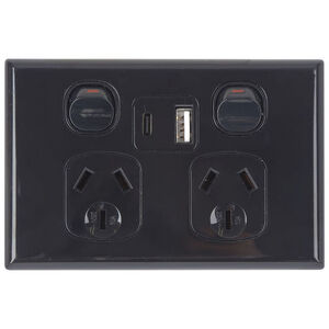 Black Double GPO Power Point w/ USB-A & USB-C Charging Ports 