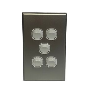 Slim Vertical Single 5 Gang Wall Plate Light Switch - White & Silver