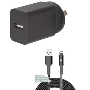 2.4A USB Port Mains Charger w/ Heavy Duty 1.2m Apple Lightning Cable Black