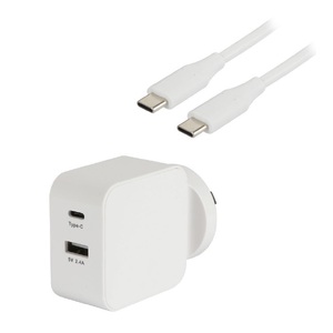 27W USB-C and USB-A Dual Port Mains Charger w/ 1.8m USB C White Cable