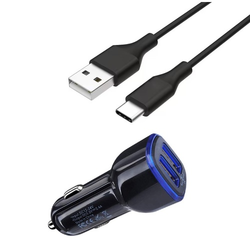 Dual Port USB Car Charger with 1.5m USB-C Charge Cable