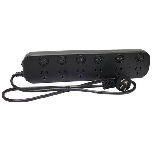 6 Way Individually Switched Power Board with Surge - Black