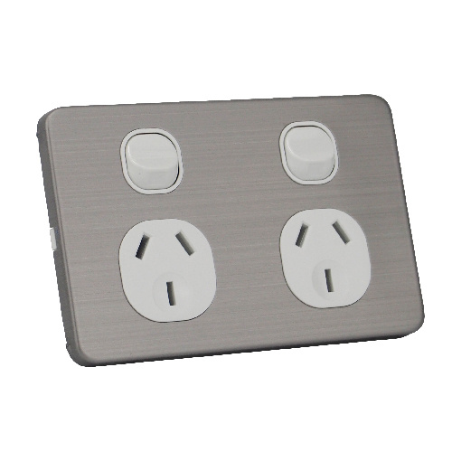 10A Horizontal Dual Power Point GPO with Stainless Steel Brushed Silver Cover