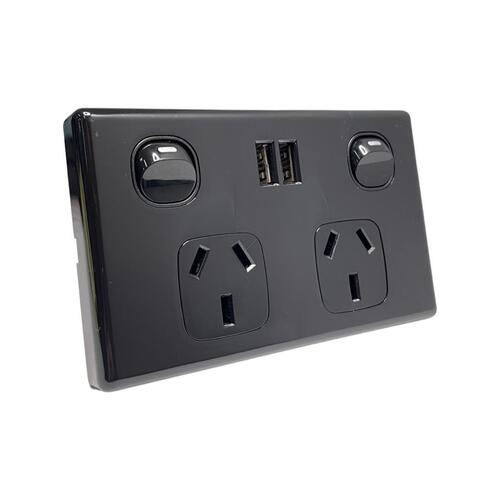 Dual USB Australian GPO Power Point Wall Plate - Black