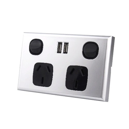 Dual USB Australian GPO Power Point Wall Plate - Silver and Black