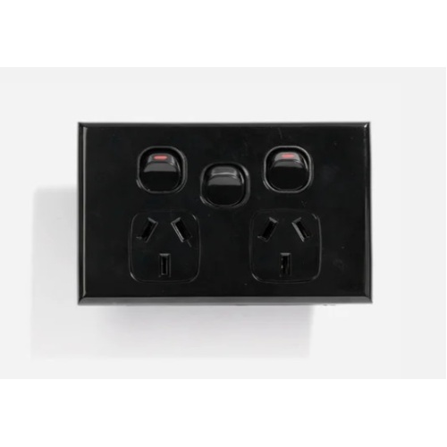 Slim GPO Dual Power Point Socket with Extra Power Switch - Gloss Black 