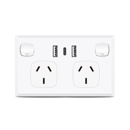 White Dual GPO Power Point Socket w/ 2 x USB A & 1 x USB C