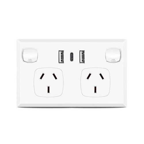 5 Pack - White Double GPO Power Point Socket w/ 2 x USB A & 1 x USB C