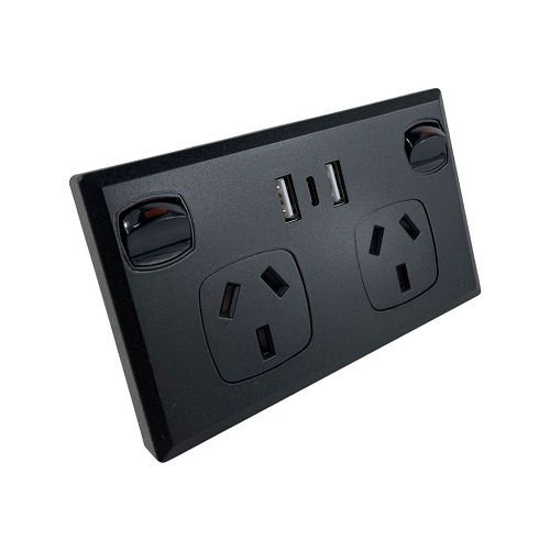 Matte Black Double GPO Power Point Socket w/ 2 x USB A & 1 x USB C
