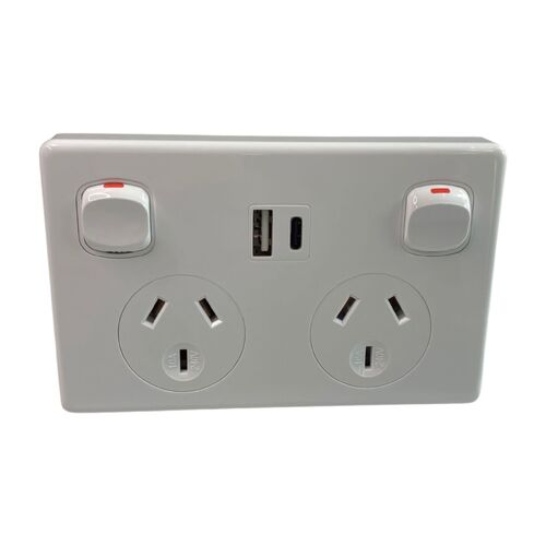 White Double Pole Double GPO Power Point Socket w/ USB A & USB C Charging Ports