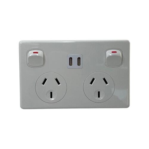 White Double Pole Double GPO Power Point Socket w/ 2 x USB C  PD30W 