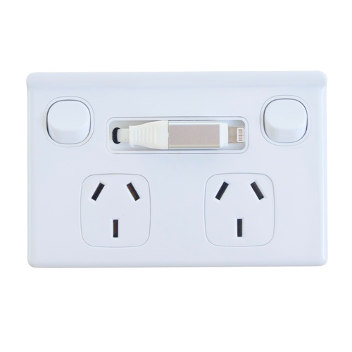 Double Power Point with In-built Retractable Charging Cable - Black