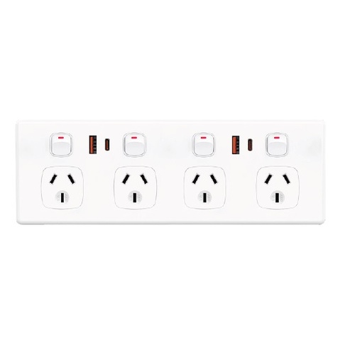 Quad Power Outlet with 2 x USB A and 2 c USB C Charging Ports - White