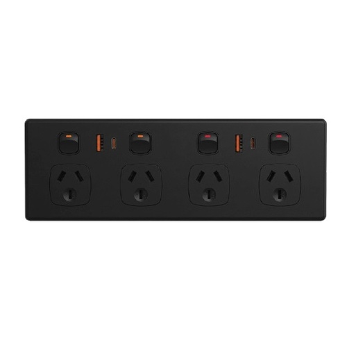 Quad Power Outlet with 2 x USB A and 2 c USB C Charging Ports - Black