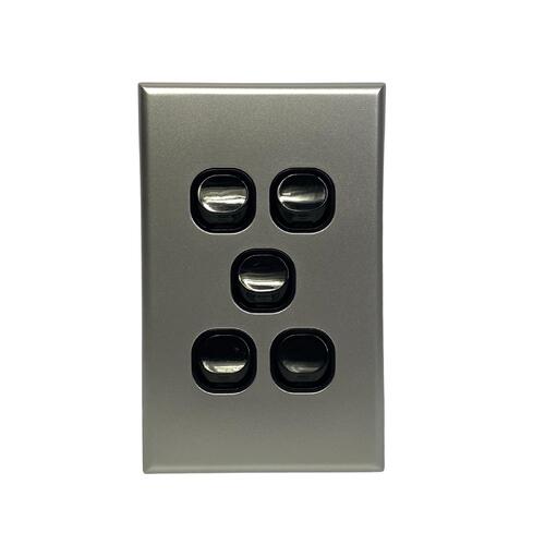 Slim Vertical 5 Gang Wall Plate Light Switch - Black & Silver