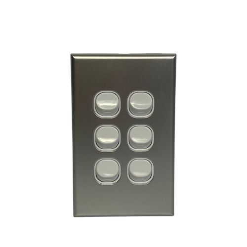 Slim Vertical Single 6 Gang Wall Plate Light Switch - White & Silver