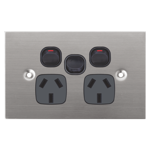 Black Stainless Steel GPO Dual Power Point with Extra Switch 15A