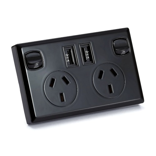 Black Dual USB Australian Power Point GPO Home Wall Plate Power Supply Socket
