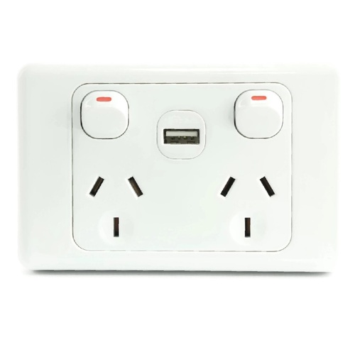 White Australian Dual Power Point GPO Wall Plate with 2A USB Socket Charger