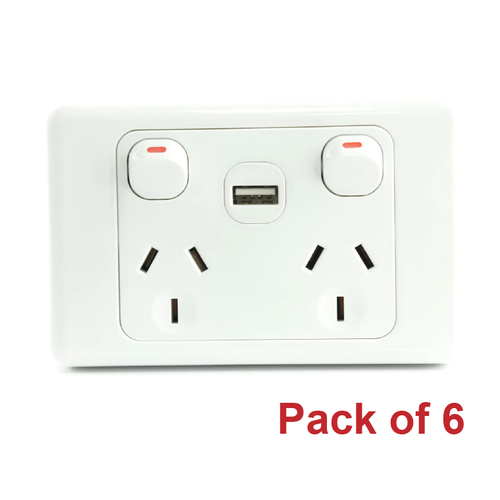 Pack of 6 White Australian Dual Power Point GPO Wall Plate with 2A USB Socket Charger