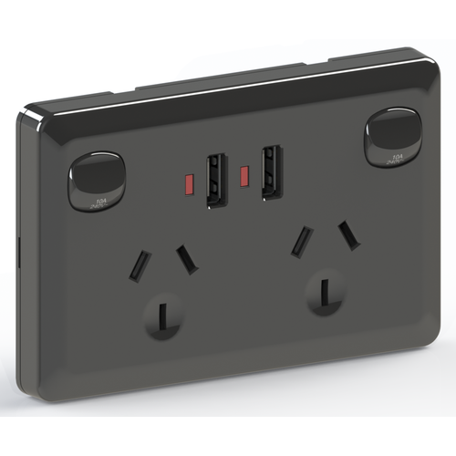 Black Australian Dual Power Point GPO Wall Plate with Dual 2.1A USB Socket Charger