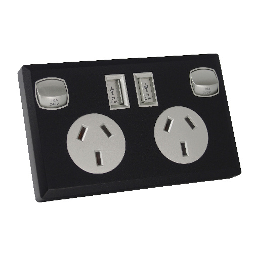 6 x Black and Silver Dual USB Australian Power Point Home Wall Plate Power Supply Socket