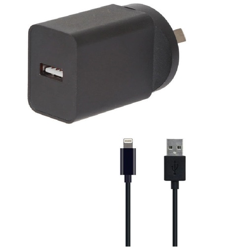 2.4A USB Port Mains Charger with 1m Apple Lightning Cable Black