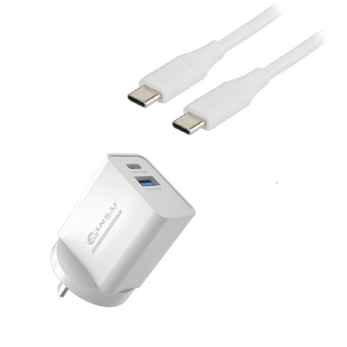 20W USB-C and USB-A Dual Port Mains Charger w. 1.8m USB C White Cable