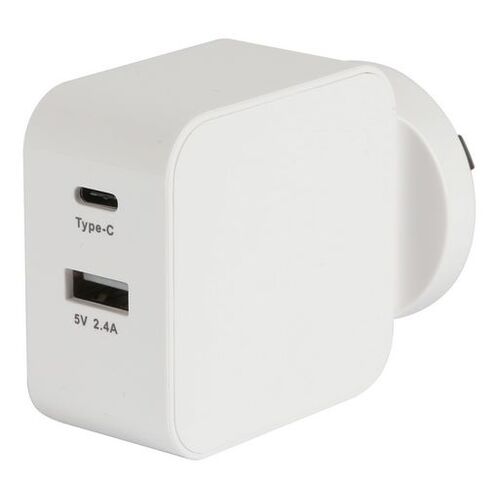 27W USB-C and USB-A Dual Port Mains Charger - White