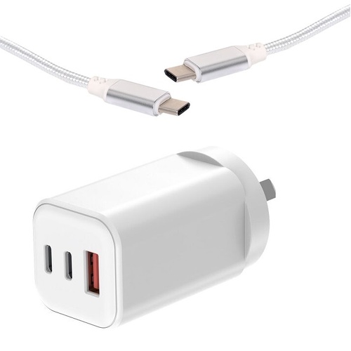 3 Port USB-C QC3.0 65W PD GaN Wall Charger with 1m USB C Cable