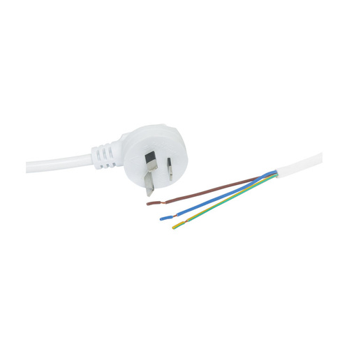White 7.5A 90 Degree 3 Pin Plug Mains Cord with Bare Wire end 2M