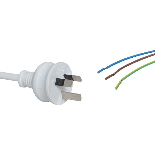 White 7.5A 3 Pin Plug Mains Cord with Bare Wire end 2M
