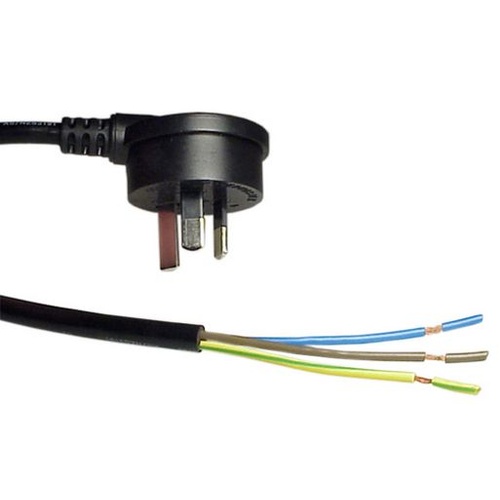 3 Pin Right Angle Plug Black Mains Cord with Bare Wire 2m 