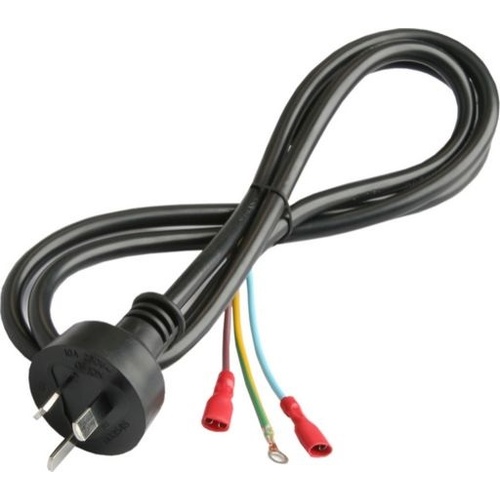 3 Pin Right Angle Plug Black Mains Cord with Spade & Ring Terminals 1.6m
